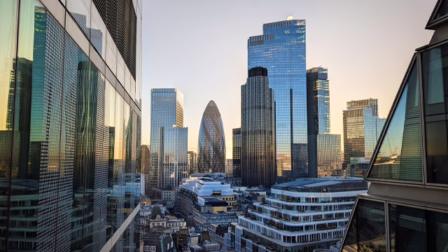 A daytime view of City of London skyscrapers.